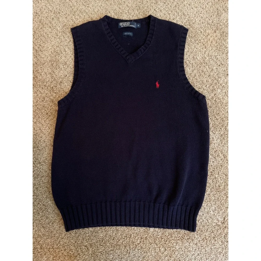 Polo Ralph Lauren Mens Sweater Vest Small Navy Blue Cotton V-Neck Red Pony Logo